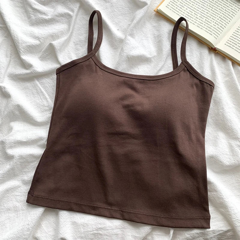 1PC Korean Women's Solid Color Spaghetti Straps Sleeveless Slim Camisole With Chest Pad
