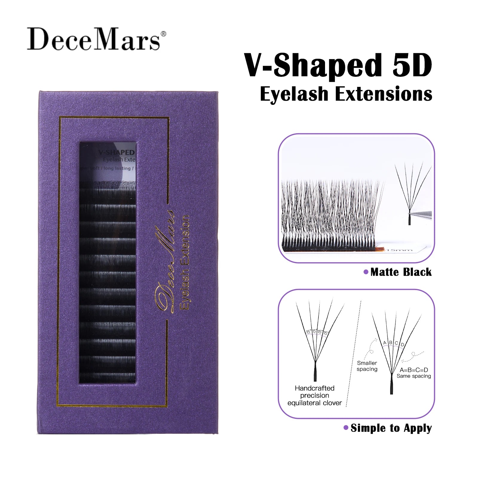 DeceMars V-shaped 5D eyelash extensions Matte Black 12 Rows/Tray for Makeup