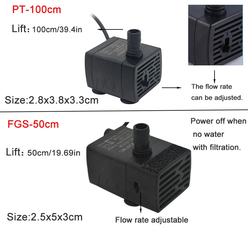 Ultra Quiet USB Aquarium Fish Tank Filtration Pump Mini Pet Fountain Submersible Adjustable Flow Water Circulation Pump 5V