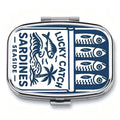 Lucky Catch Sardines Print Metal Pill Box, Portable 2-Compartment Travel Pill Organizer for Vitamins & Pills