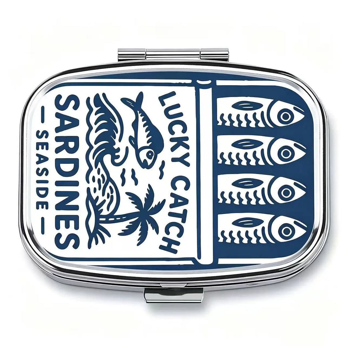 Lucky Catch Sardines Print Metal Pill Box, Portable 2-Compartment Travel Pill Organizer for Vitamins & Pills