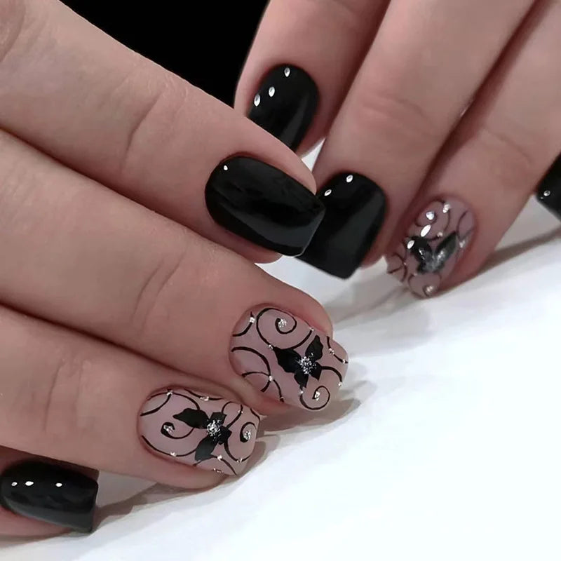 24pcs/set short saure fake nails for Spring summer season french style flowers butterfly design press on false nail art tips