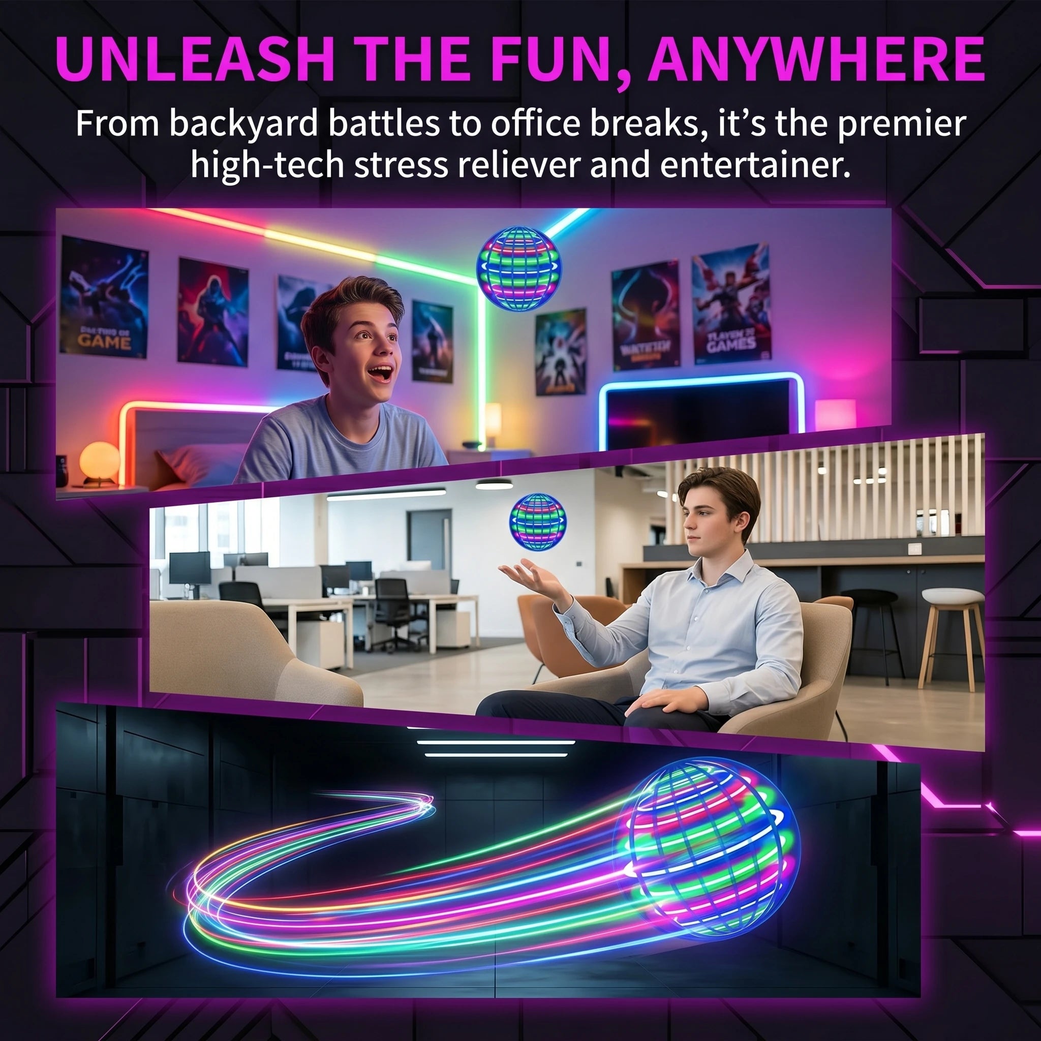 Hand Controlled Flying Ball with Colorful LED Lights, 360° Rotating Suspension Orb, Indoor Outdoor Sports Toy for Teens & Adults