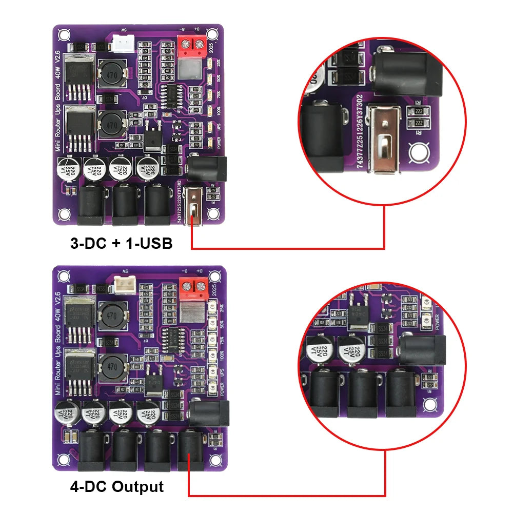 Mini Router UPS Uninterruptible Power Supply Board 40W 11.1V Battery Charging Board 4-Channel Power Module Output USB DC Port