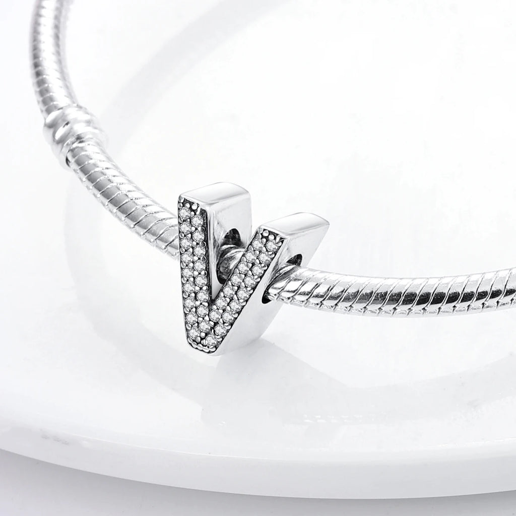 Original 925 Sterling Silver 26 Alphabet Letters Sparkling Zircon Charms Pendant Beads For Women Fine DIY Birthday Jewelry Gifts