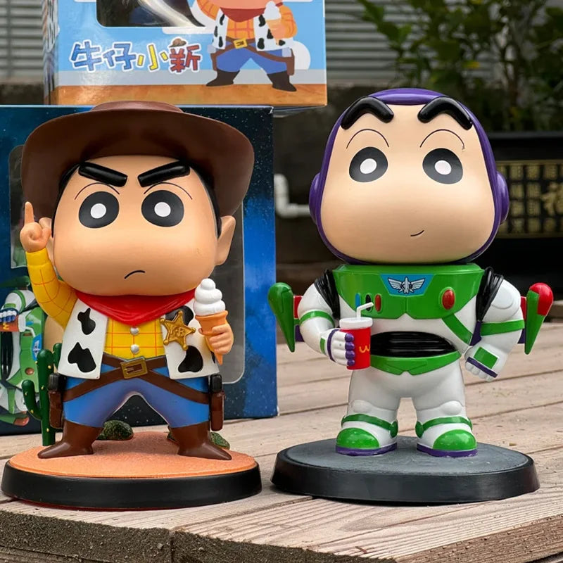 Cartoon Crayon Xiaoxin Cosplay Woody Buzz Lightyear Action Figure Statue Car Ornament Desktop Decoration Gift Collect Toys Model