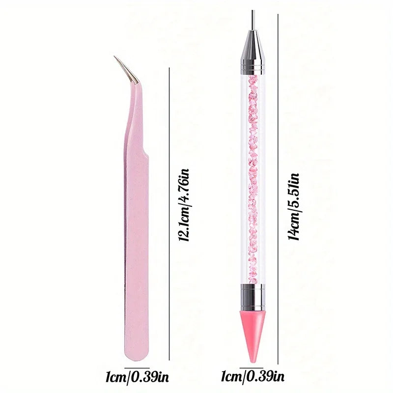 2Pcs set of manicure double-ended diamond pens with crayons stainless steel tweezers nail art grafting eyelashes manicure tools
