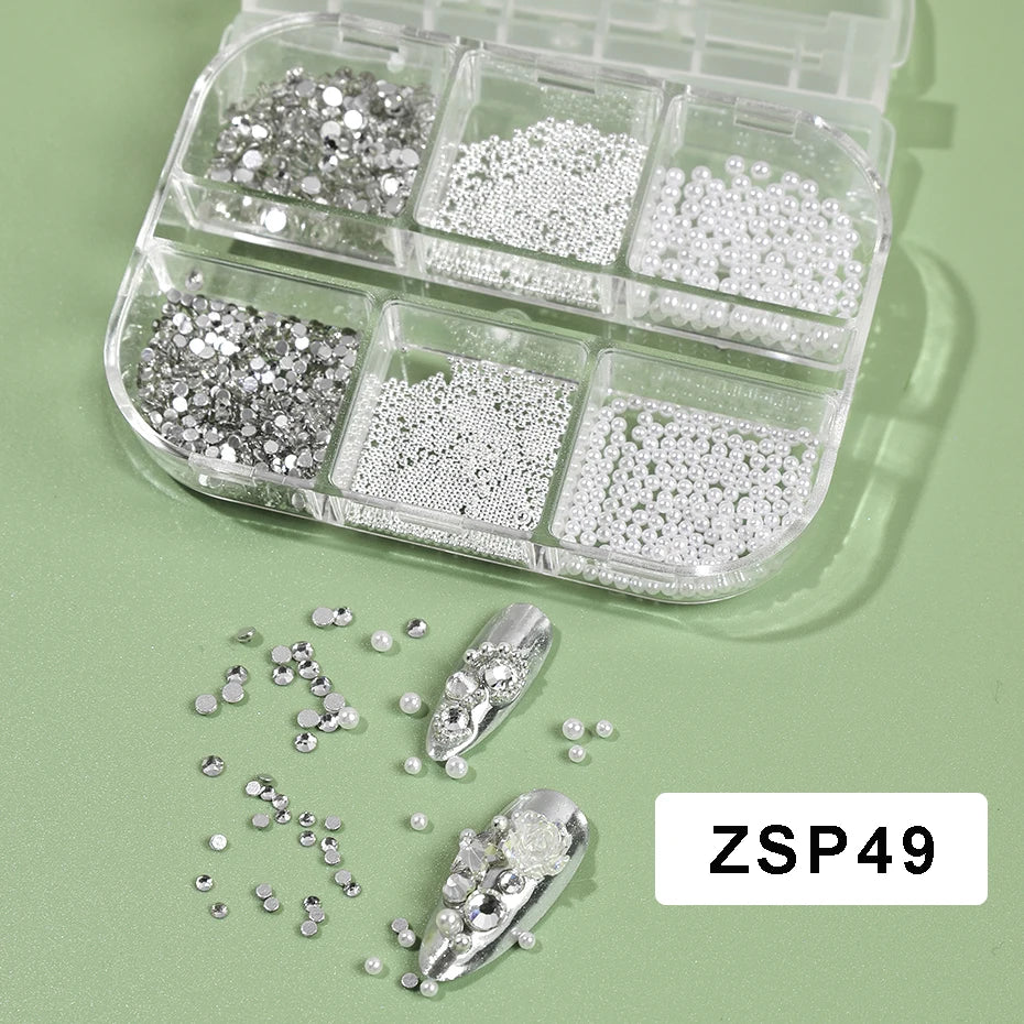 6 Grid 3D Nail Art Rhinestones White Round Pearl Nail Decoration Charm Steel Beads Gem Stones Jewelry Nail Parts Accessories