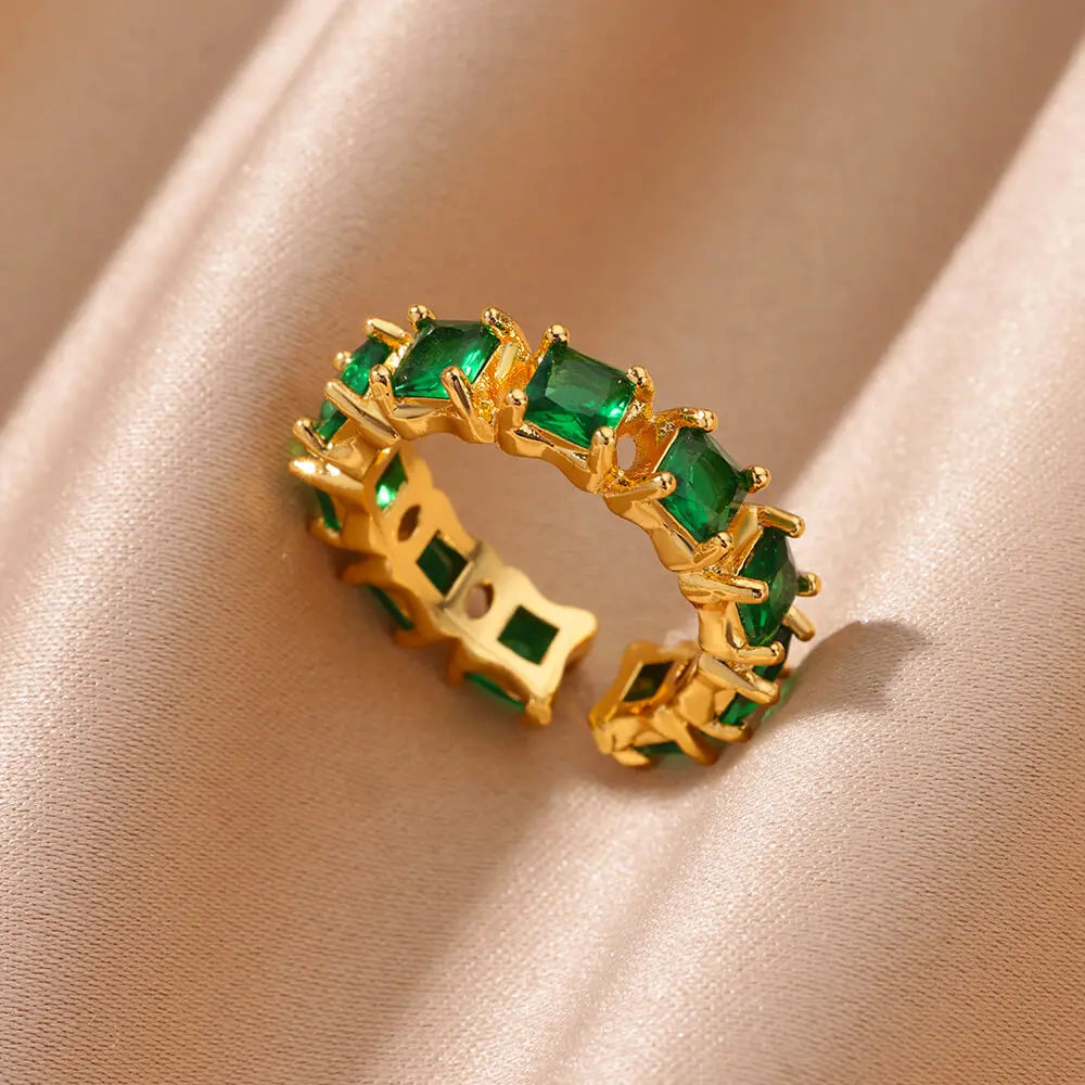 Colorful Cubic Zircon Ring for Women Stainless Steel Gold Color Open Ring Vintage Boho Wedding Party Jewelry Gift Accessories