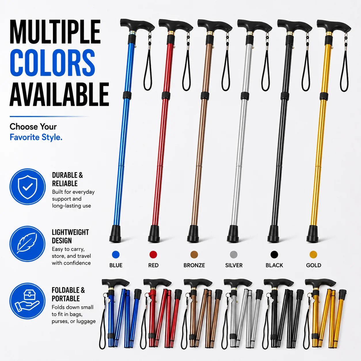 Foldable Walking Cane Adjustable Lightweight Aluminum Travel Cane T Handle Anti Slip Rubber Tip Portable Stick Senior Travel Aid