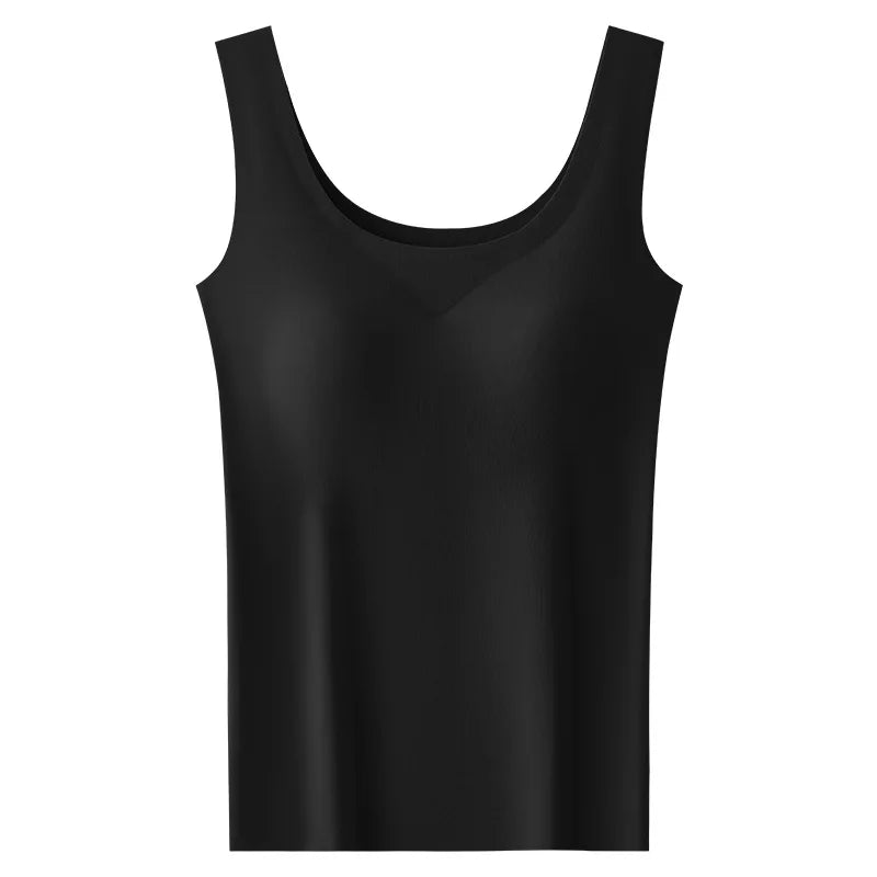 M-2XL Ice Silk Seamless One-piece Bottoming Tank Tops with Chest Pads Women Inner Outerwear Wide Shoulder Sleeveless Tops