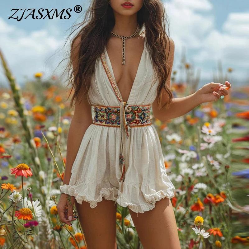 Vestidos Sexy Deep V Neck Hollow Party Dresses Woman Spring Printed Bandage Ruffle Short Dress Summer Sleeveless Tank Mini Dress
