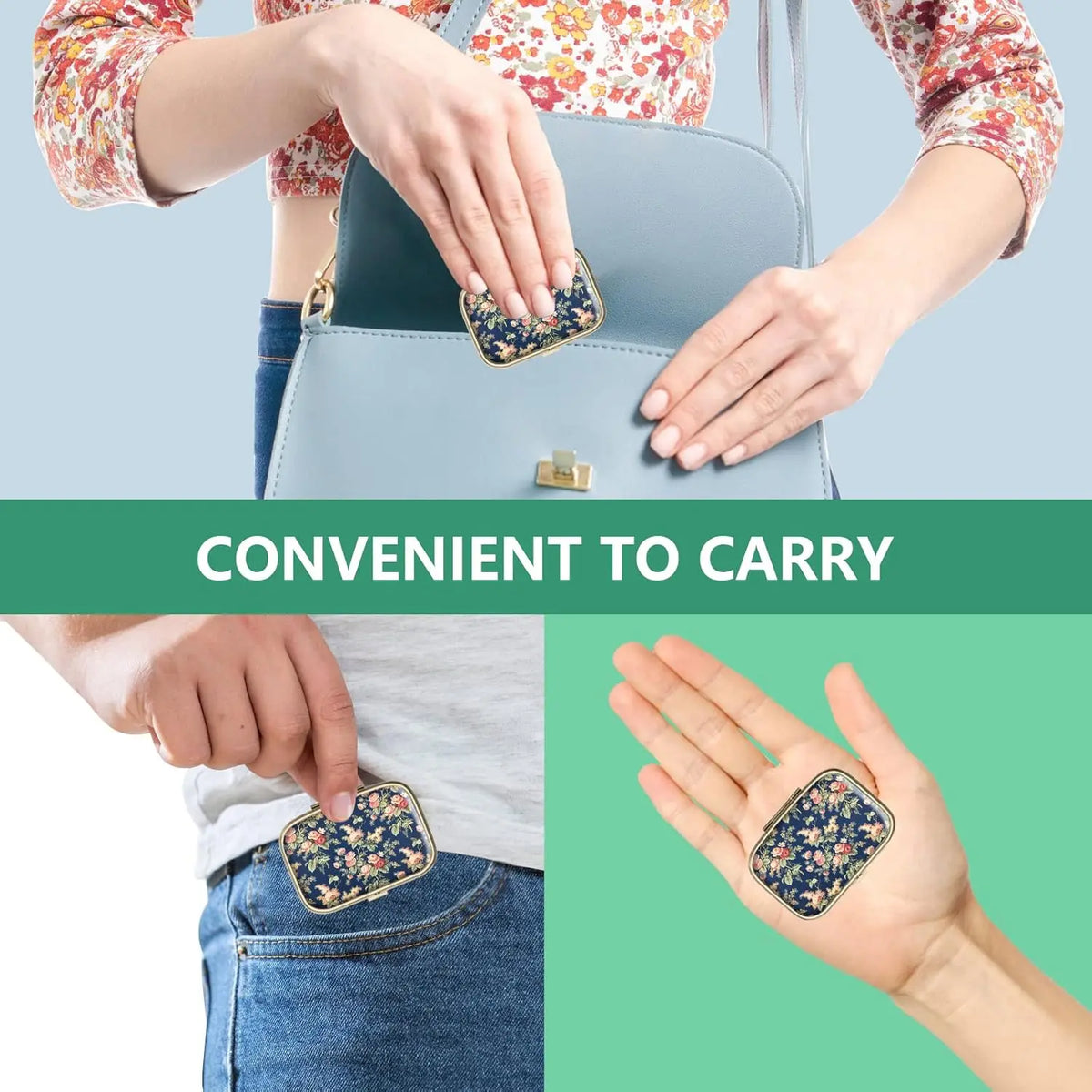 1/2 Pill Case Pill Box with Mirror Retro Small Pill Case for Purse or Pocket Bronze Pill Box or Vitamins, Fish Oil, Supplements,