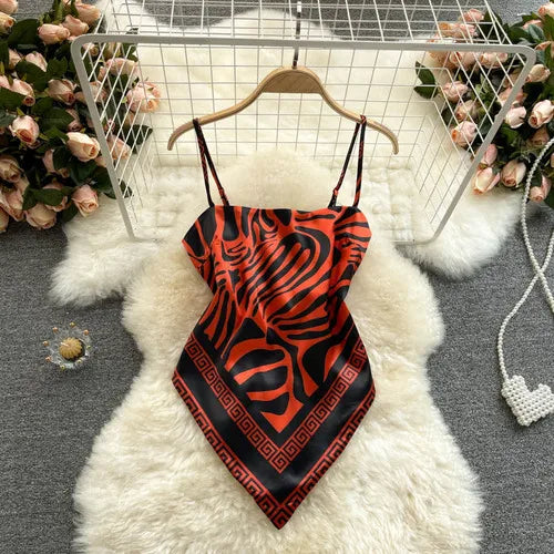 Women Sexy Backless asymmetrical lace-up Camis Print Tank Top Chic One-piece Corset Bustier Summer Beach vacation Crop Top