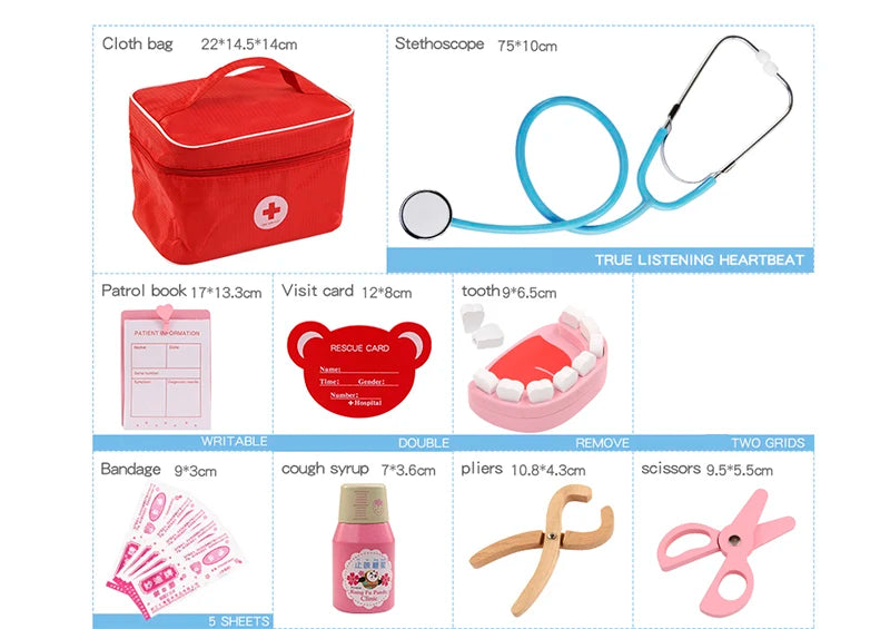 Wooden Pretend Play Doctor Educational Toys for Children Medical Simulation Medicine Chest Set for Kids Role Playing Pretend Toy