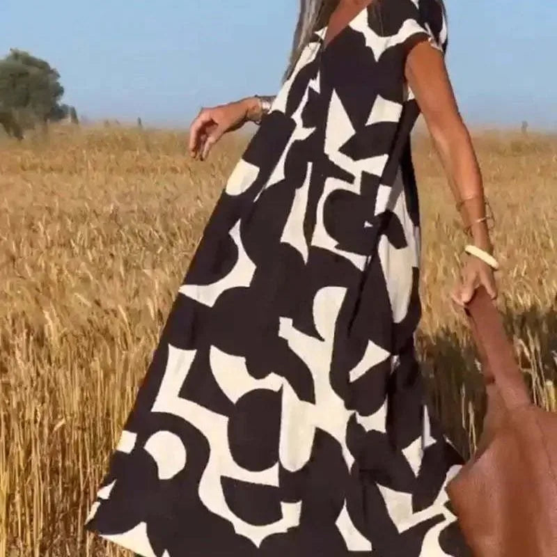 2025 Elegant Lady Style V-neck Loose Waist A-line Skirt with Head Print Sleeveless Dress Summer Fashion New Versatile Long Skirt