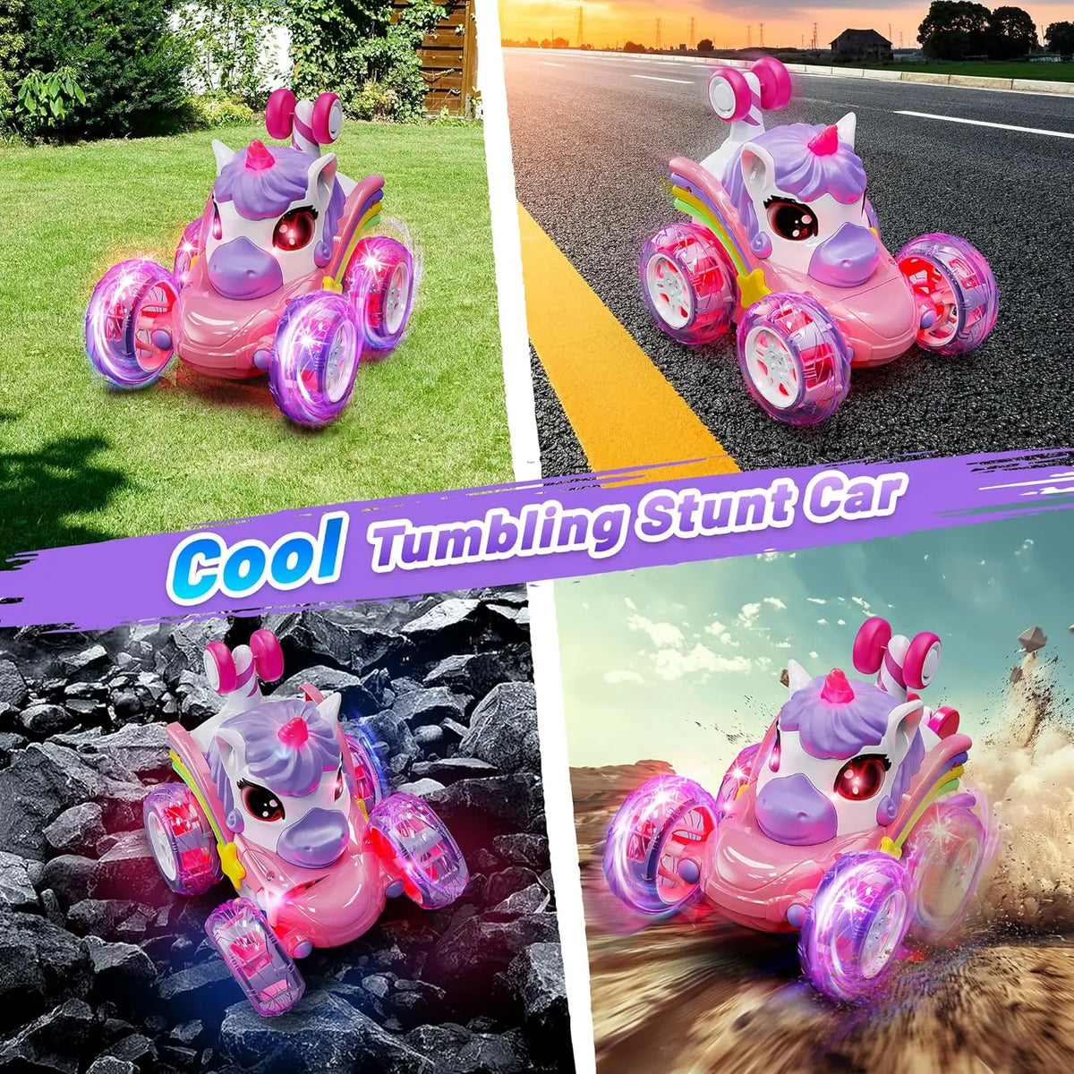 2.4G Lighting unicorn Remote Control Stunt Dump Truck Chase Light Twist Change Car Drift Dancing Toy Car, Children's New Year Bi