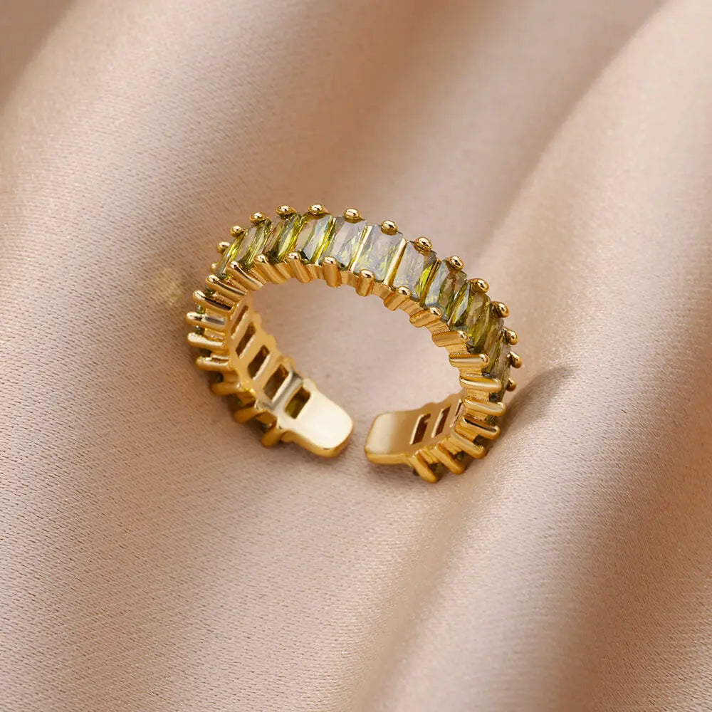 Colorful Cubic Zircon Ring for Women Stainless Steel Gold Color Open Ring Vintage Boho Wedding Party Jewelry Gift Accessories