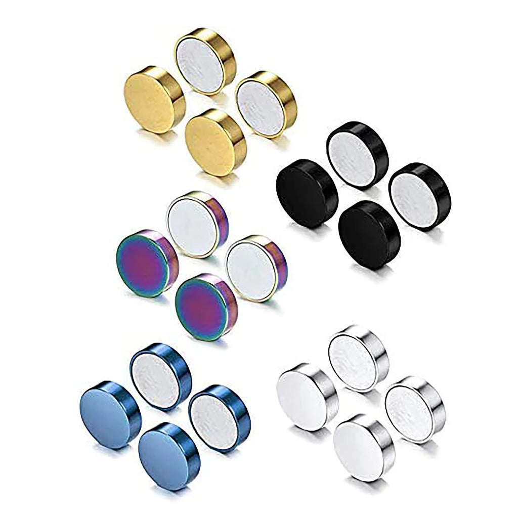 1 Pair 6-12mm Black Stainless Steel Hypoallergenic Magnetic Fake Gauges Earring Studs for Men Women Non Pierced Earrings