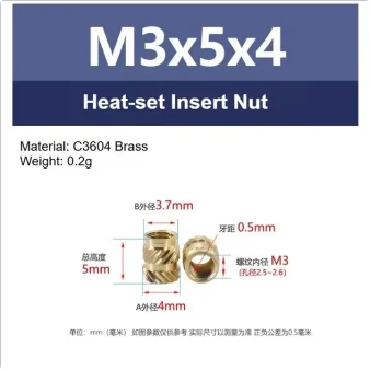 M3 Thread Knurled Brass Heat Set Nut for 3D Printer Voron 2.4 Heat Resistant Threaded Insert Embedment M3x5x4