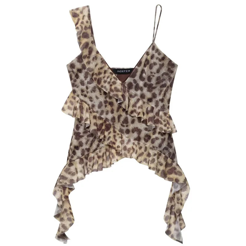 HXAO Leopard Mesh Top Women Tanks & Camis Summer 2025 Sexy Layered Sleeveless Tops For Woman Ruffled Backless Tulle Camisole 066