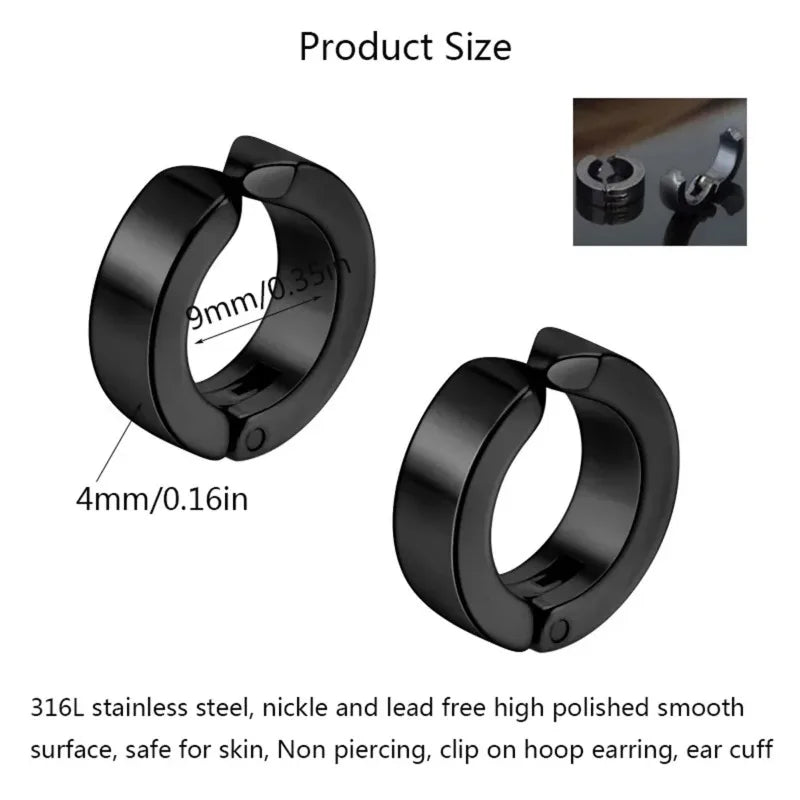 2pcs Punk Non Piercing Clip Earrings for Man Woman, Titanium Steel Stud Earrings Teens Hip Hop Style Ear Ring Jewelry Accessory