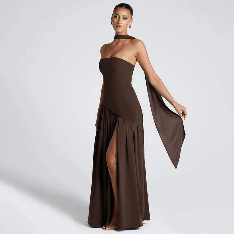 New Dresses 2025 Woman Fashion Summer Sheath Solid Color Split Dress Sexy Backless High Split Skirt Women's Clothing
