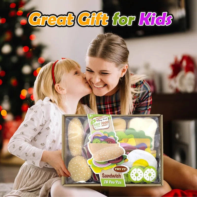 28PCS Felt Food Burger Sandwich Food Set Children Pretend to Play Food Sandwich Toys Children's Kitchen Role Playing Gifts