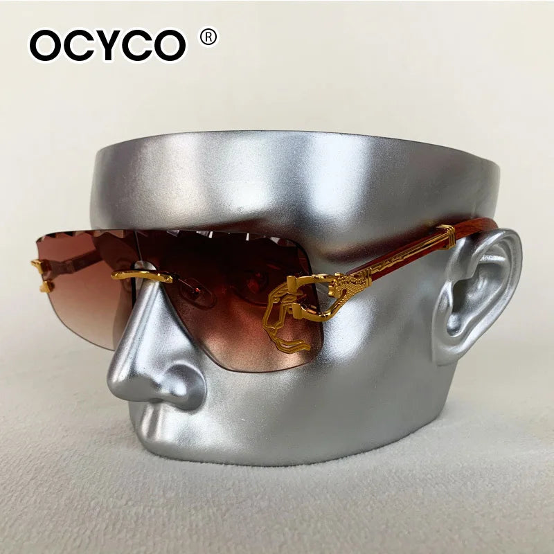 Trend Golden Lion Decoration Rimless Sunglass for Men Luxury Brand Designer Vintage Square Eyewear UV400 Outdoor Cycling Shades