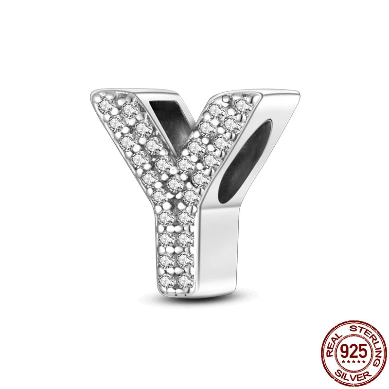 Original 925 Sterling Silver 26 Alphabet Letters Sparkling Zircon Charms Pendant Beads For Women Fine DIY Birthday Jewelry Gifts