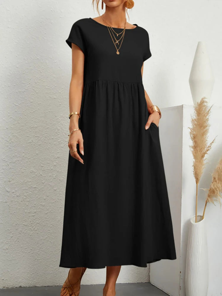 Vintage Solid Midi Dress Casual Short Sleeve Cotton and Linen Harajuku Oversized Long Dress Women Summer Y2K Maxi Sundress 2023