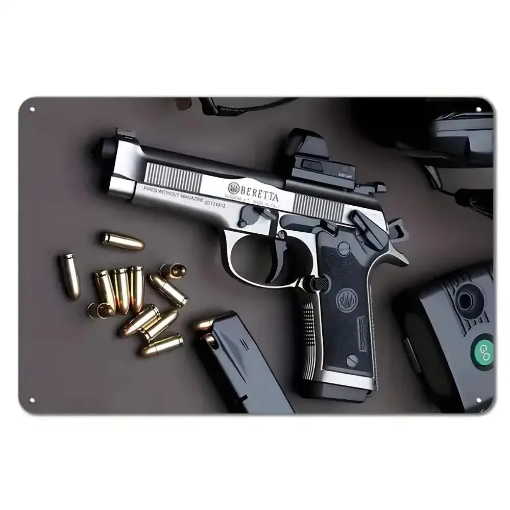 Cool Gun Poster Metal Tin Sign Man Cave Set 4 Vintage Firearm Wall Art Military Decor Bar Bedroom Garage