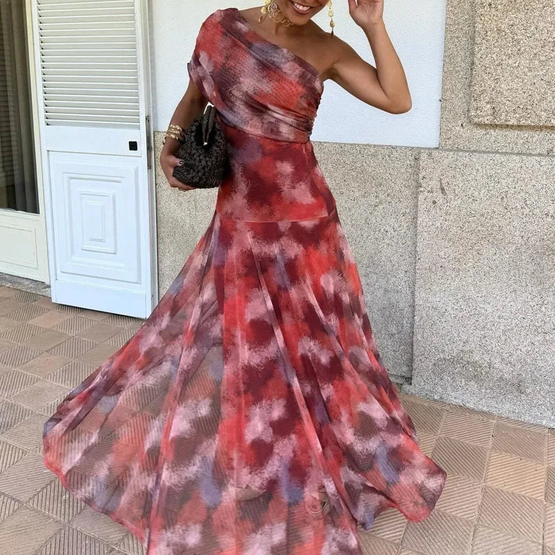 Vintage Solid Color Commuting Dress Fashion Women Off Shoulder Mesh Long Dress Sexy Hollow Out Summer Street Casual Party Dress