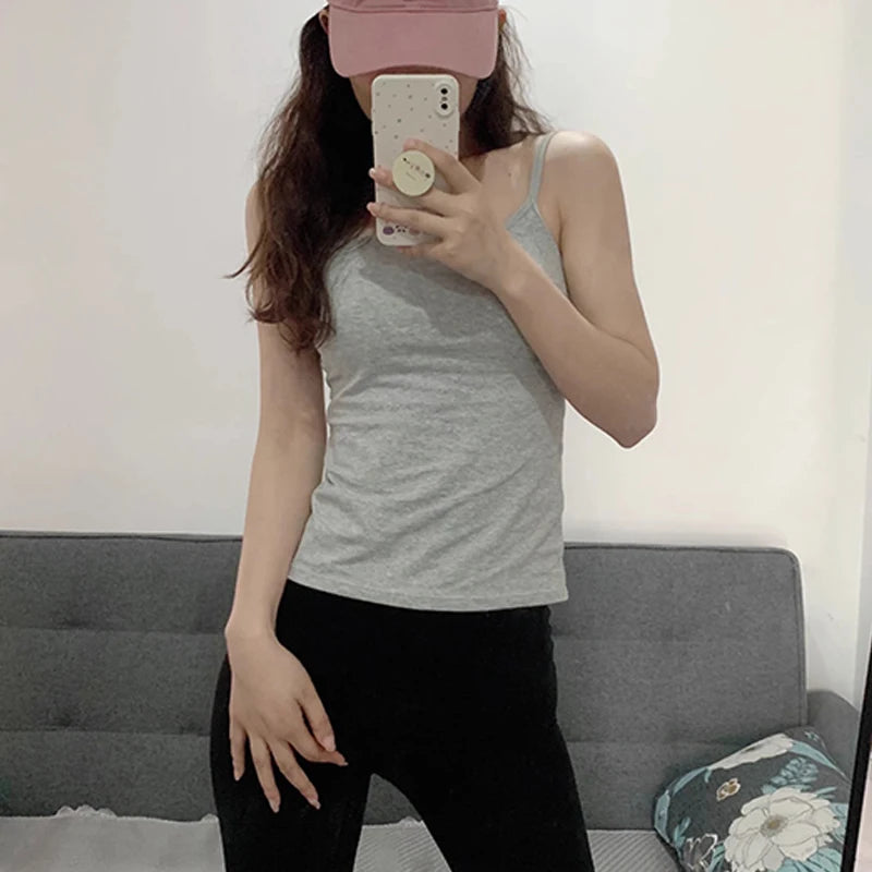 1PC Korean Women's Solid Color Spaghetti Straps Sleeveless Slim Camisole With Chest Pad