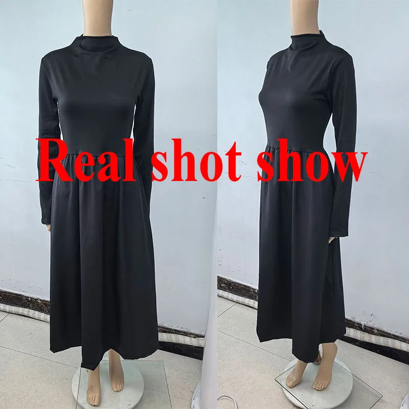 Lucyever French Style Black A-Line Dresses Women Elegant High Waist Long Sleeve Midi Dress Autumn Winter Slim Fit Maxi Dress
