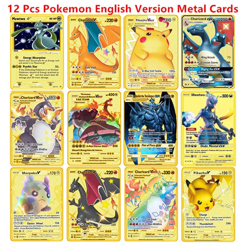 6-12 Pcs/Set  English Version Pokemon Metal Card Pikachu Anime Figure Battle Carte Trading Pocket Monster Cards Model Toy Gifts