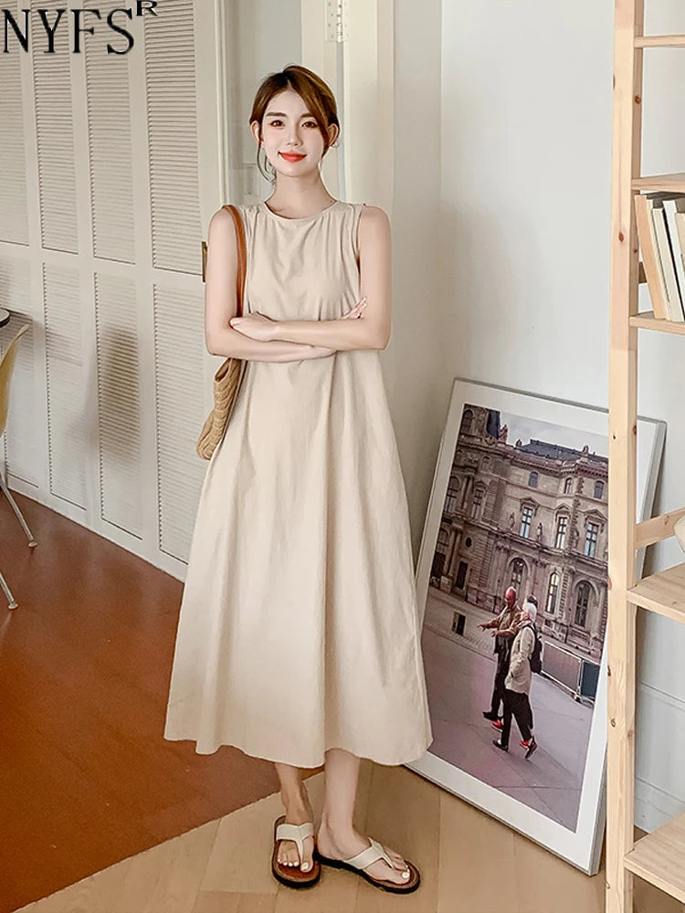 NYFS 2026 Summer New Korea Woman Dress Vestidos Robe Elbise Loose Plus Size Solid Sleeveless Backless Long Dress L-4XL