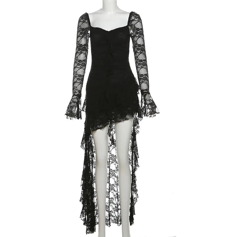Goth Dark Fairycore Lace Flare Sleeve Square Neck A-line Dress Sweet E-girl Irregular Long Hem Dresses Cyber Y2K Party Vestido