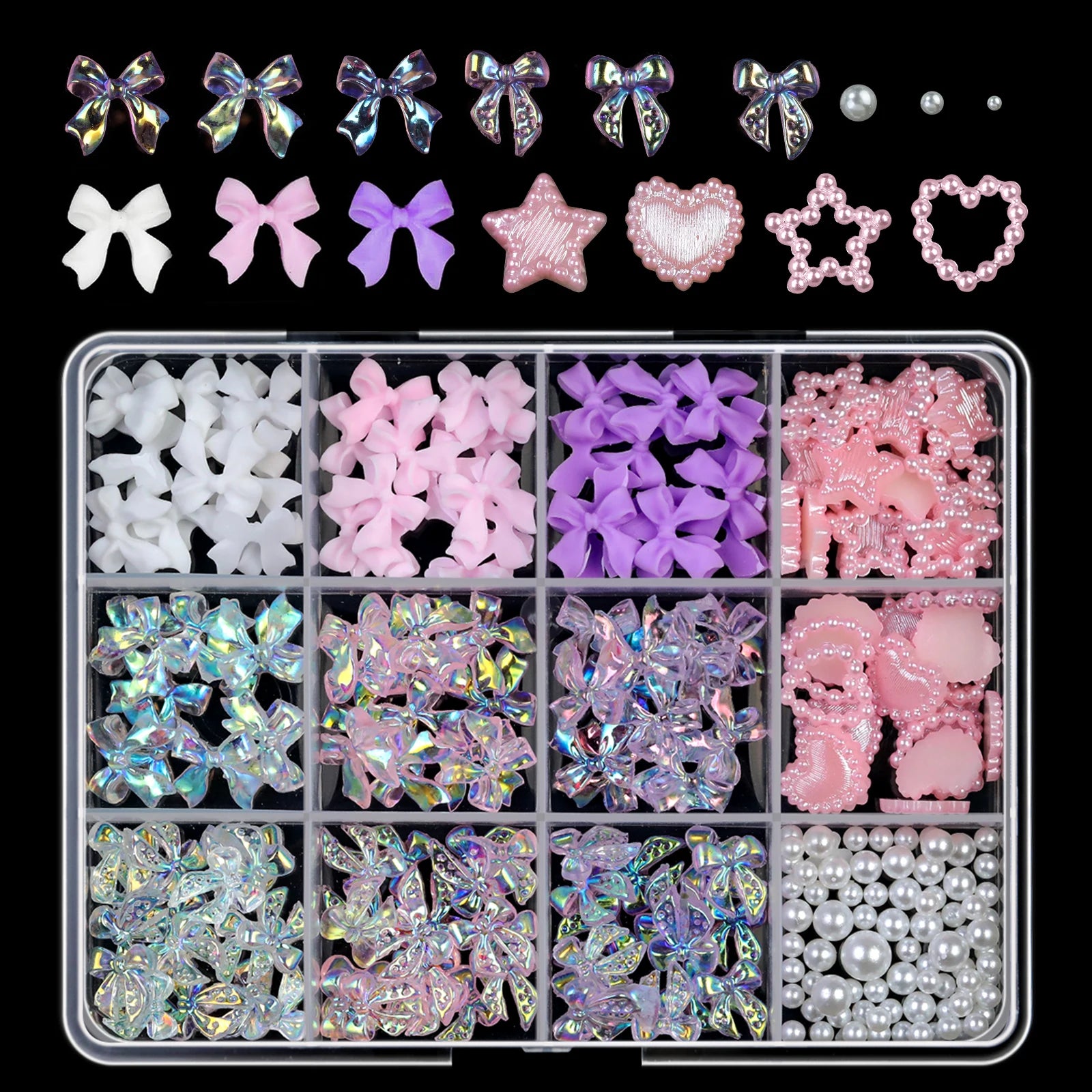 12 Grid Mixed 3D Color Resin Bow Pearl Heart Flat Back Diamond Nail Art Decoration Suitable for Acrylic Nails DIY Nail Art
