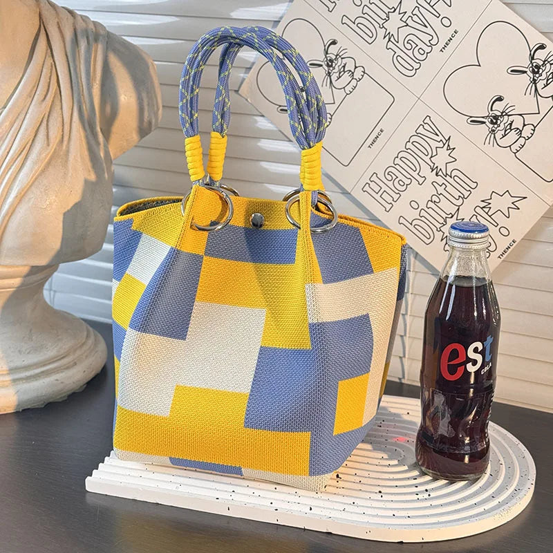 Color Block Handbag Lightweight Metal Ring Handbag Knit Tote Bag Spacious Polyester Storage Bag For Shopping Casual Travel