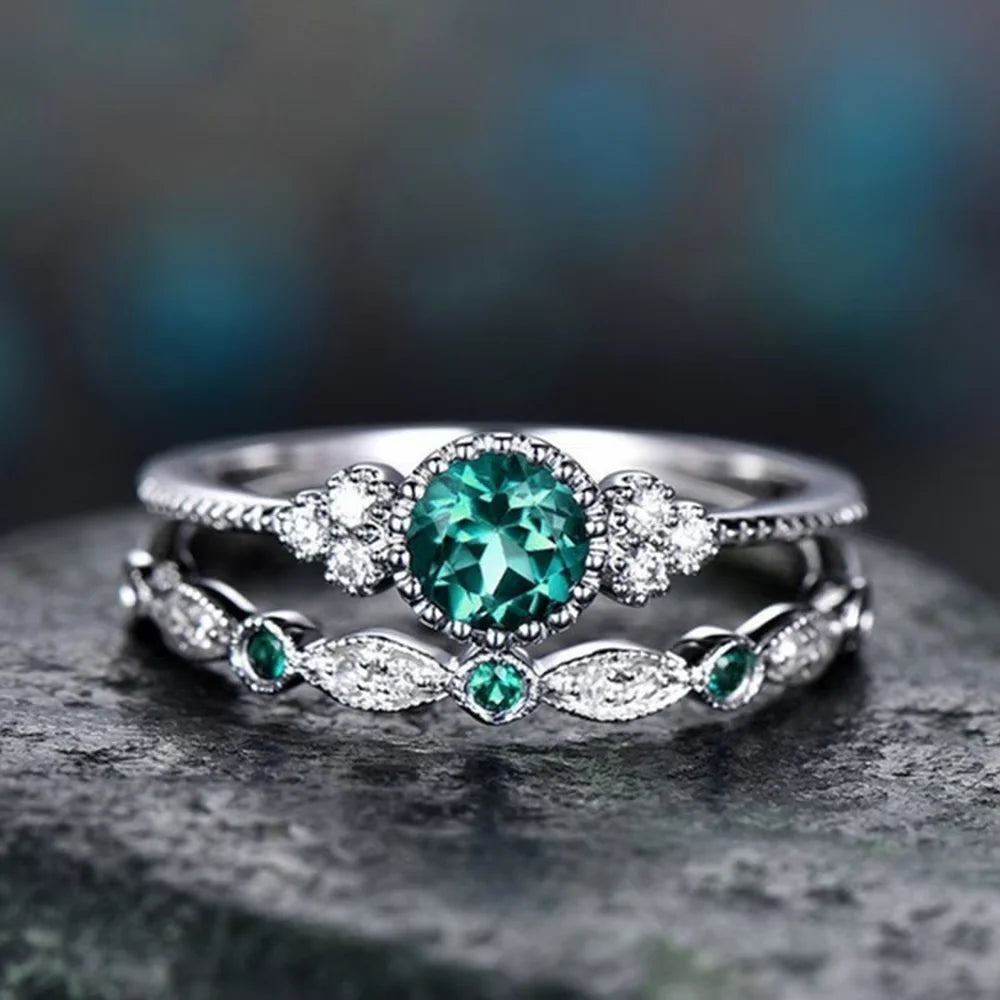 2 PCs Silver-Color Vintage Blue Zircon Ring For Women Fashion Classic Wedding Purple Pattern Ring Jewelry Set Gift