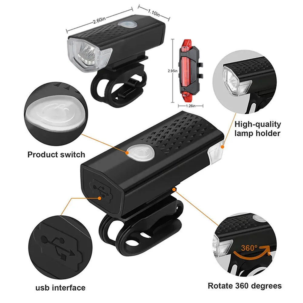 USB Rechargeable Bike Light Front Light Red Taillight Easy to Install 3 Modes Bicycle Accessories for the Bicycle