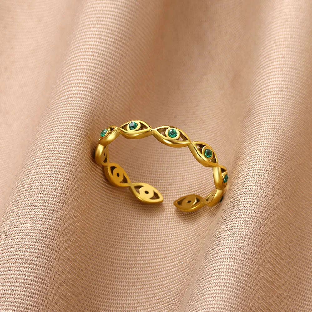 Colorful Cubic Zircon Ring for Women Stainless Steel Gold Color Open Ring Vintage Boho Wedding Party Jewelry Gift Accessories