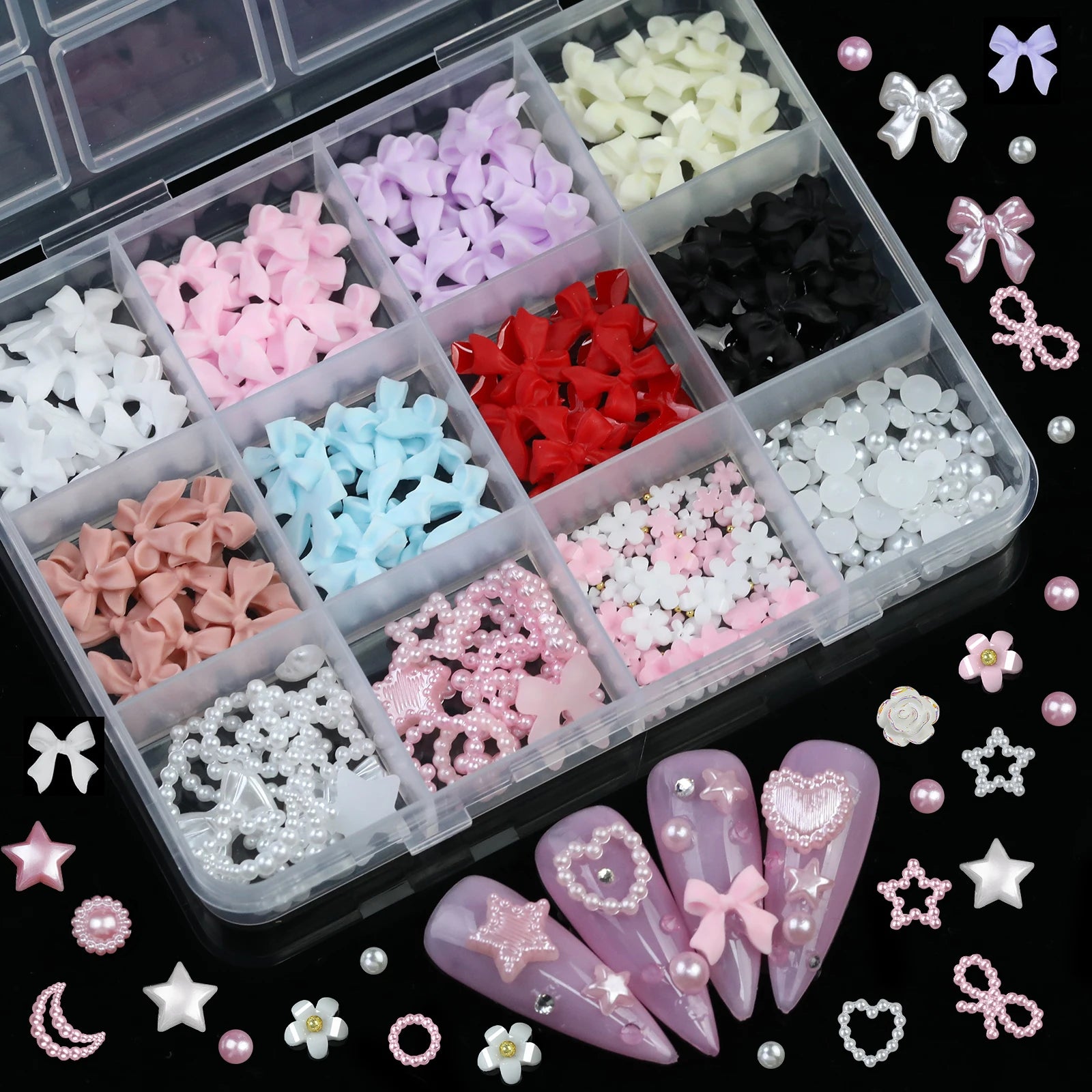 12 Grid Mixed 3D Color Resin Bow Pearl Heart Flat Back Diamond Nail Art Decoration Suitable for Acrylic Nails DIY Nail Art