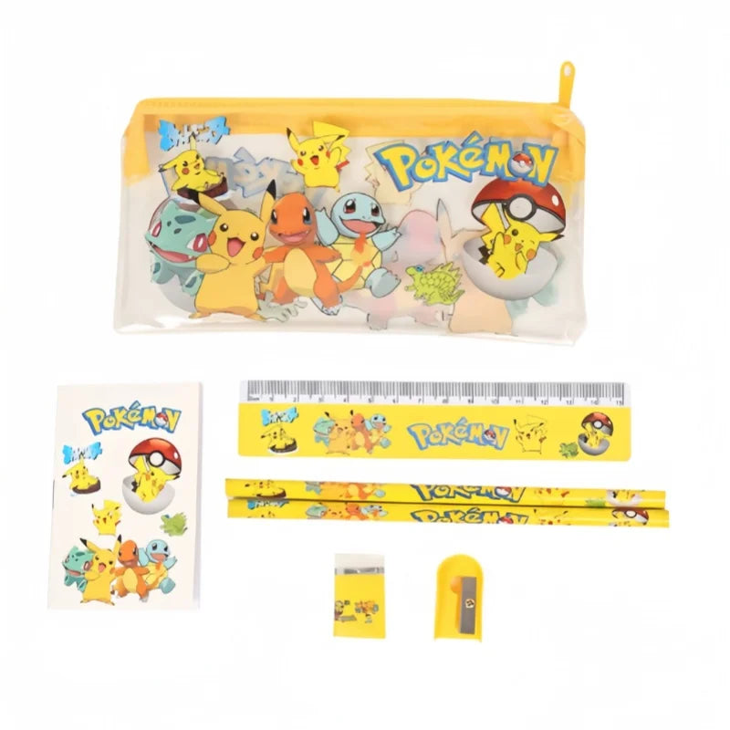 Pikachu Student Stationery Set Anime Kawaii Pencil Case Pencil Ruler Eraser Zipper Storage Bag for Kids Birthday Gift