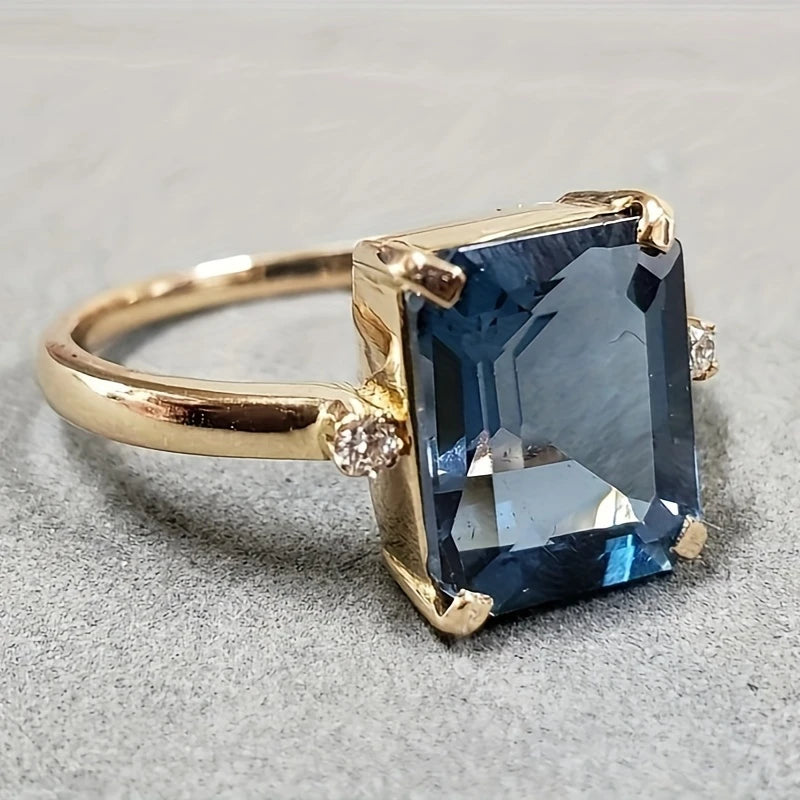 Fashion Vintage Metal Minimalist Beautiful Blue Zircon Ring Women's Wedding Band Anniversary Party Gift Jewelry