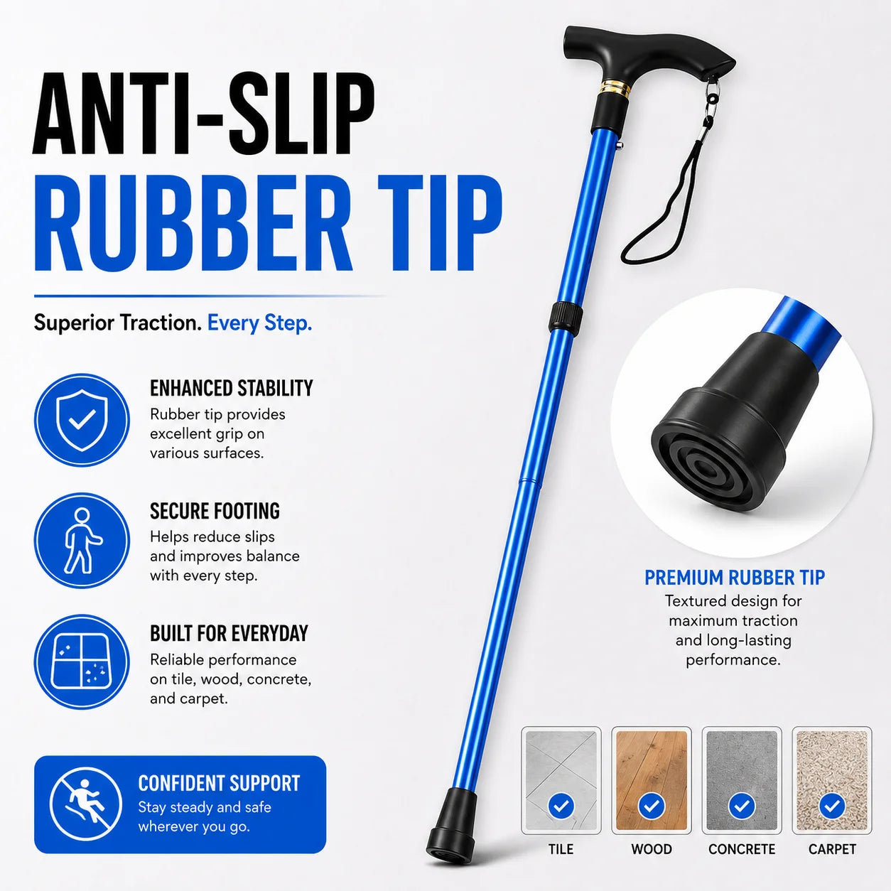Foldable Walking Cane Adjustable Lightweight Aluminum Travel Cane T Handle Anti Slip Rubber Tip Portable Stick Senior Travel Aid
