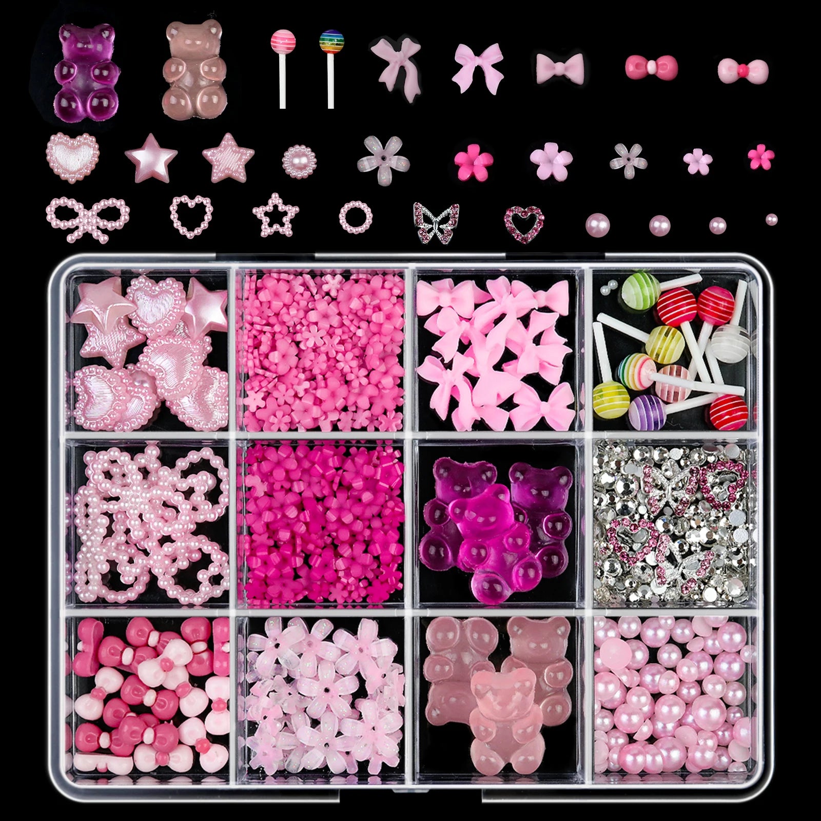 12 Grid Mixed 3D Color Resin Bow Pearl Heart Flat Back Diamond Nail Art Decoration Suitable for Acrylic Nails DIY Nail Art