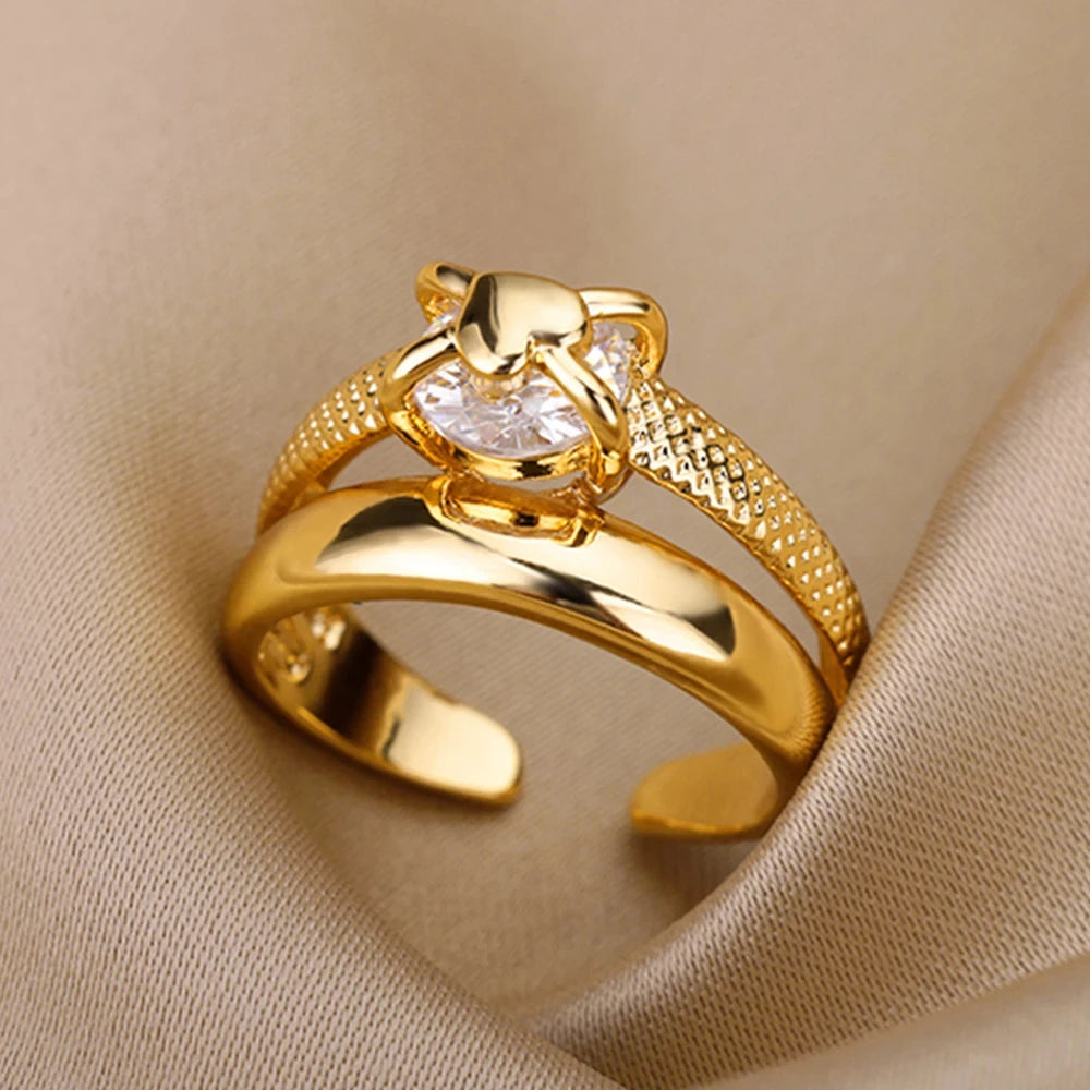 Colorful Cubic Zircon Ring for Women Stainless Steel Gold Color Open Ring Vintage Boho Wedding Party Jewelry Gift Accessories