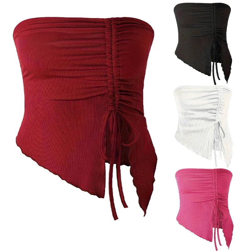 Spring Summer Y2K Women's Strapless Sleeveless Tube Top Mesh Ruched Side Asymmetrical Lace up Bandeau Cami Tank Tops Streetwear